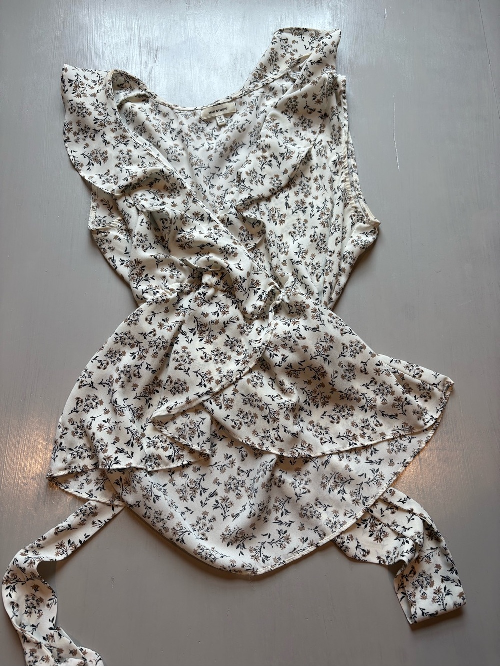 Floral Ruffle Wrap Top in Cream and Black Max Studio
